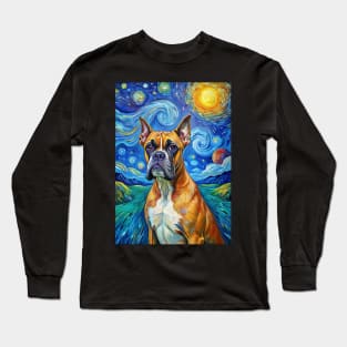 Boxer Dog Breed Painting in a Van Gogh Starry Night Art Style Long Sleeve T-Shirt